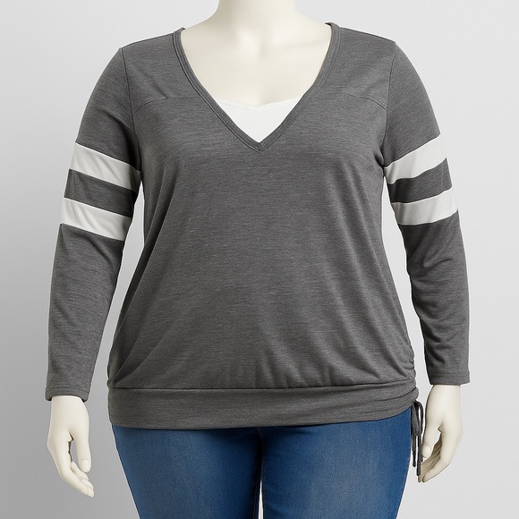 noracora Tops - 💘5 for $25 // Gray Blouse with White Stripes on Sleeves